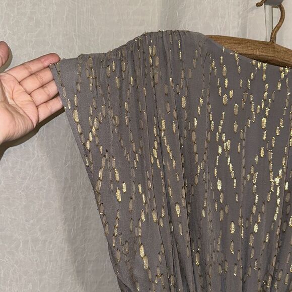 MESOP 12 Gray Gold Metallic Pleated Drop Waist V-Neck Sleeveless Tie Waist Dress - Picture 13 of 14